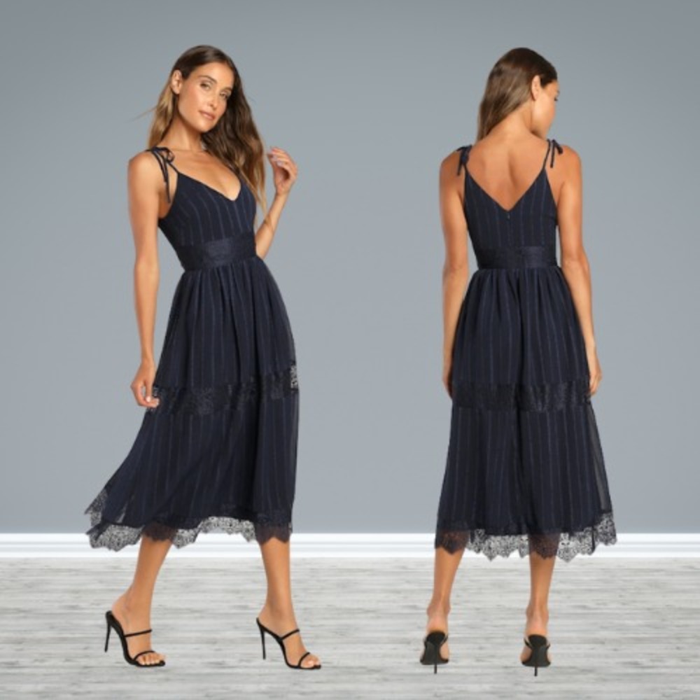 Lulus Love the Day Navy Blue Lace Tie-Strap Midi Dress Small‎